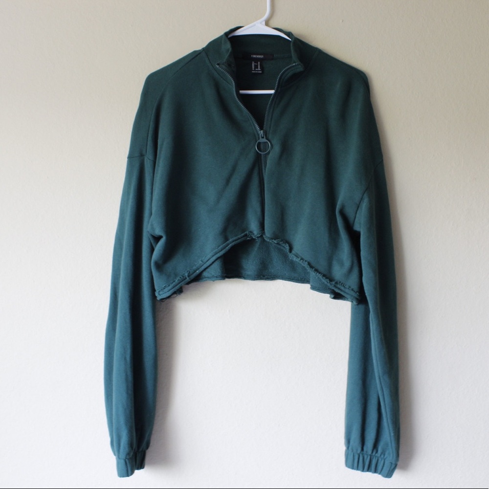 Emerald green cropped zip up sweatshirt